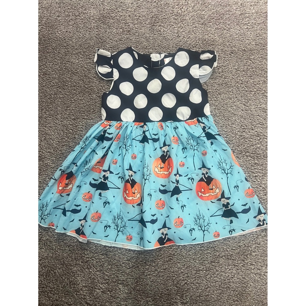 Fuyimei Girls Halloween Dress 5T Witch Pumpkin Cat Polka Dot Navy Blue
